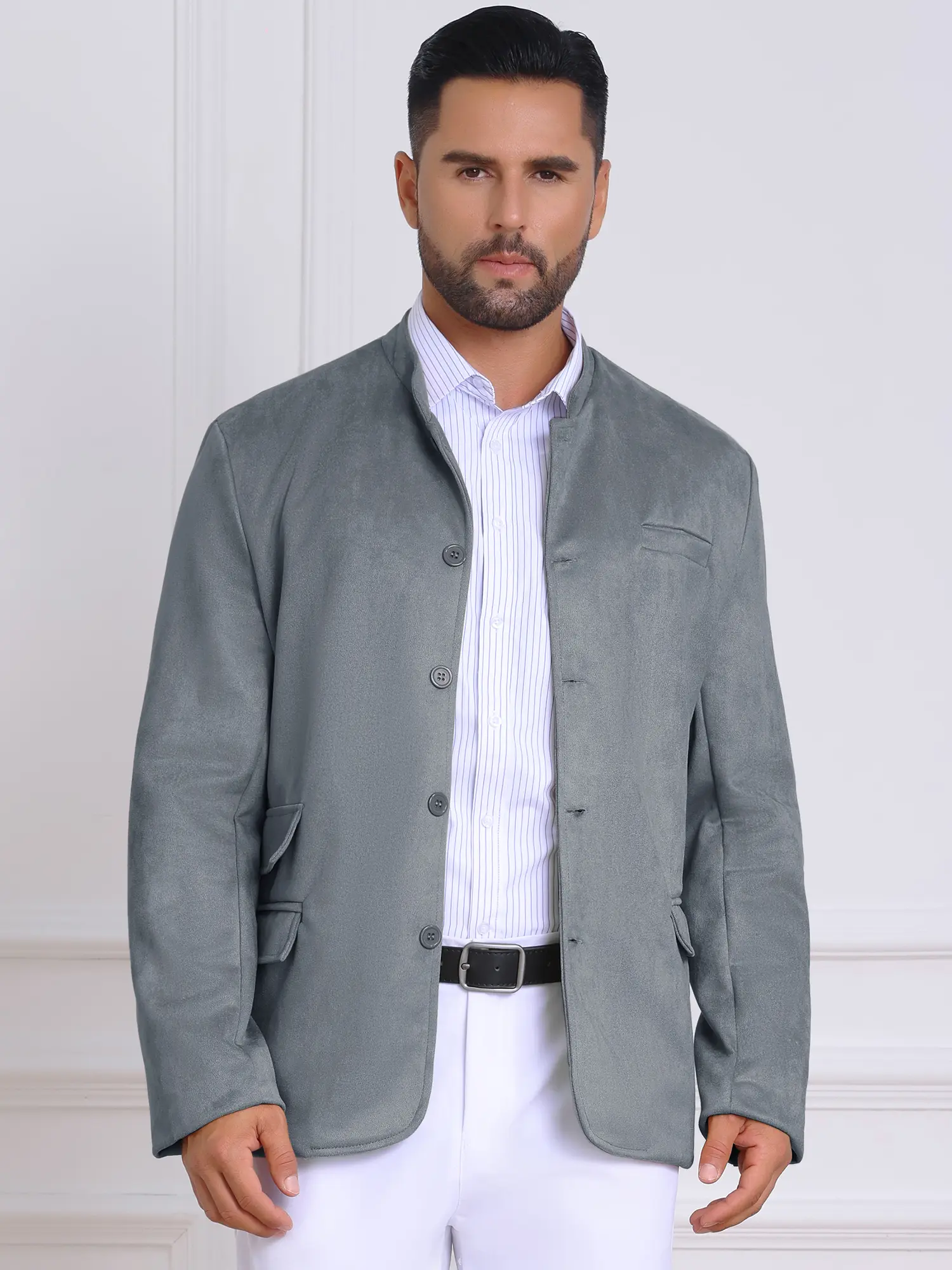 INSPIRE CHIC Men's Casual Suit Jacket Stand Collar Single Breasted Suede Blazer