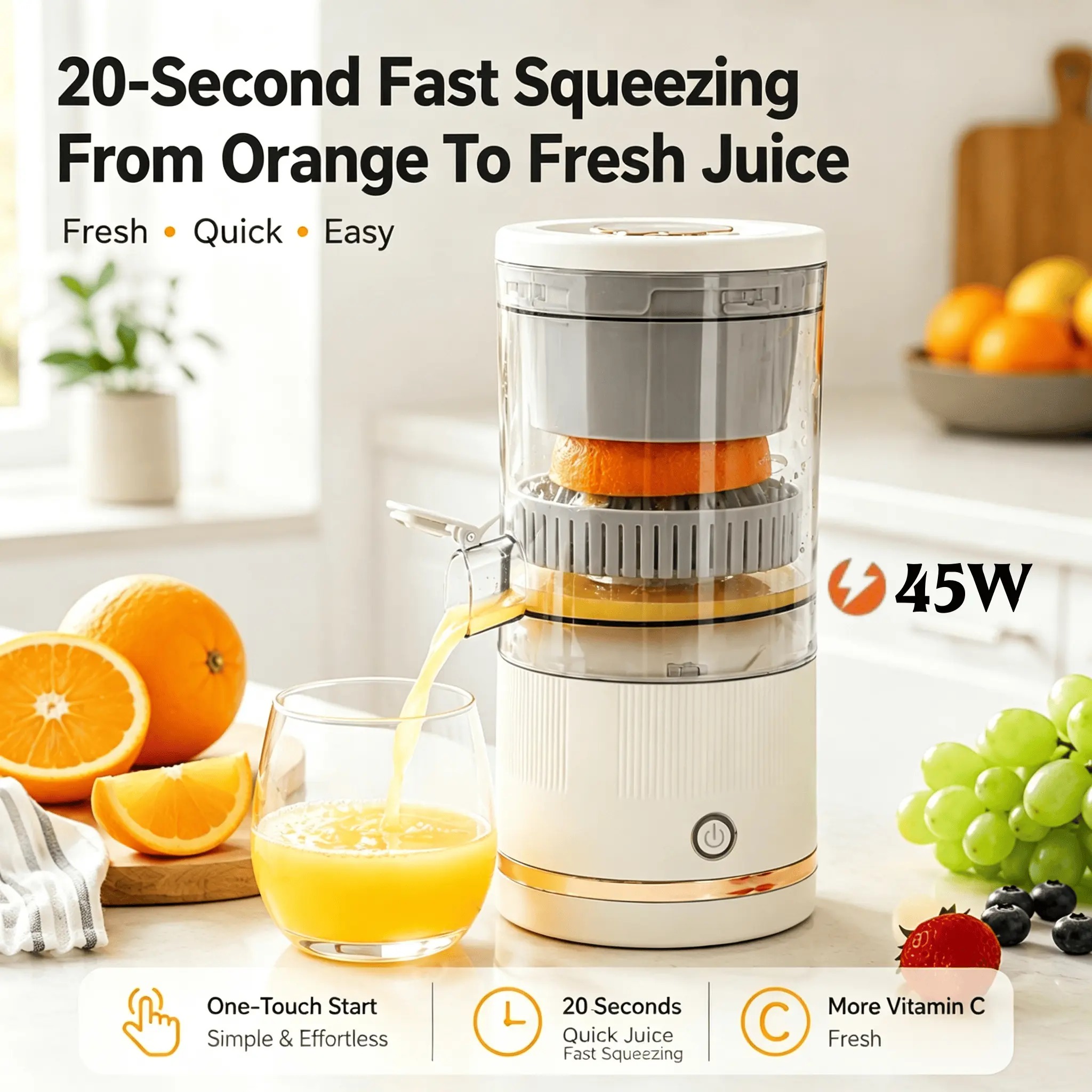 Rechargeable Electric Citrus Juicer, 600 ml, White | BPA‑Free, 7.4V USB‑Charged Motor, Compact Large‑Capacity Pulp Control‑ Juices Oranges, Lemons, Limes & Grapefruits, Easy‑Pour Spout