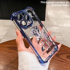 Crystal Purple Rose Phone Case with Four-Corner Airbag Electroplating Shockproof Cover for iPhone 15 16 Plus 14 13 12 11 Pro Max iphone 16 pro case  Smartphones Protective Casing