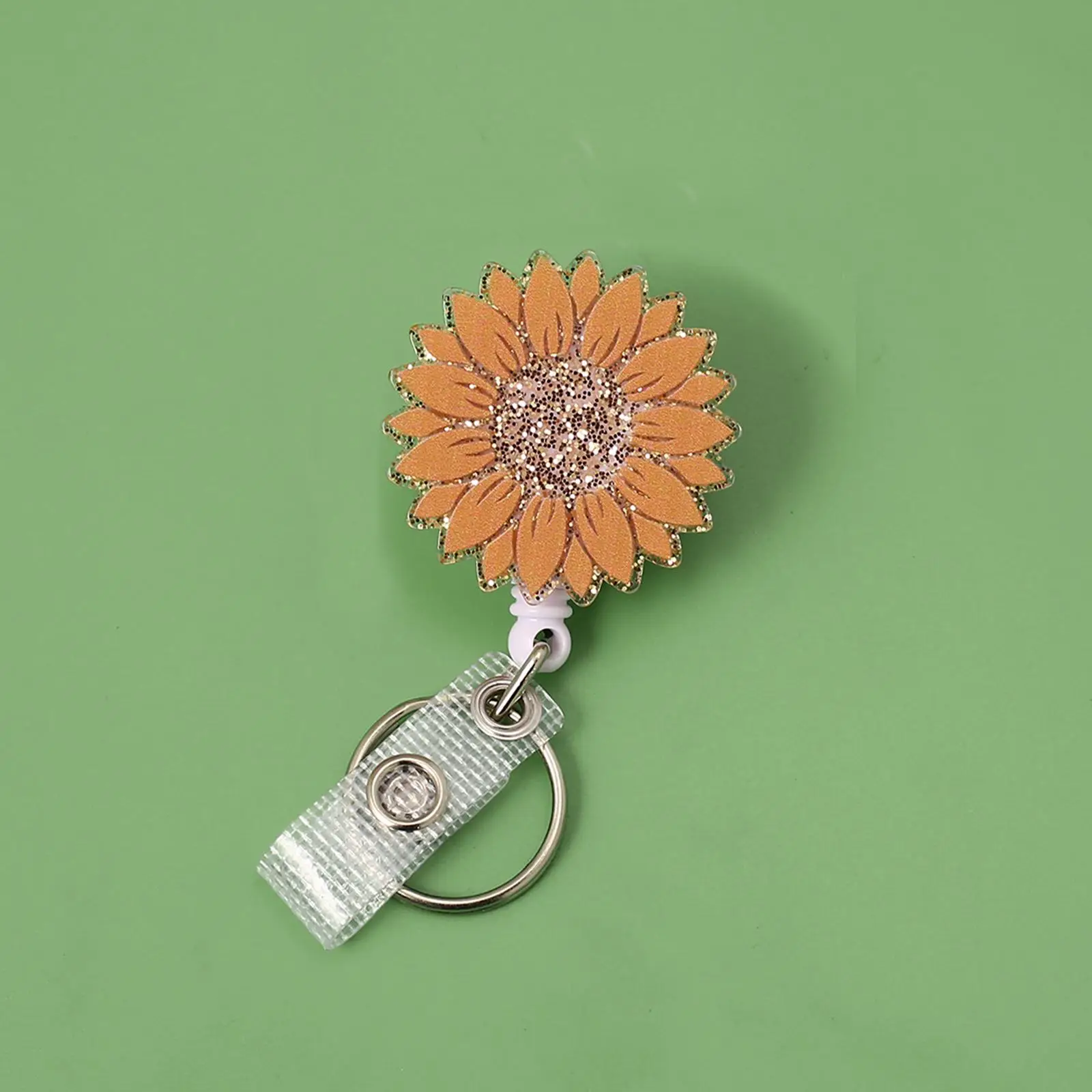 Sunflower Design Badge Holder, 1 Count Cute Glitter Retractable Badge Reel, Creative ID Badge Holder with Clip for Nurse, Student, Worker, Women, Girl