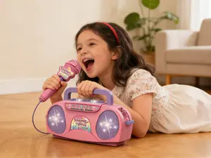 Kids Portable Karaoke Machine with Microphone Sing-Along Speaker Toy for Toddlers 2-3 Years Old Perfect for Parties Interactive Games Birthday Gifts for Boys Girls Family Fun Adorable Pink Design