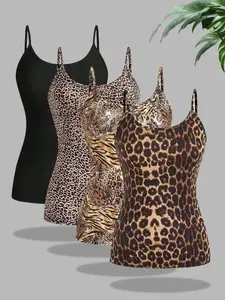 Women's Leopard / Plain Print Backless Cami Top, Elegant Chic Fit Sleeveless Spaghetti Strap Top for Summer, Ladies Clothes for Daily Wear