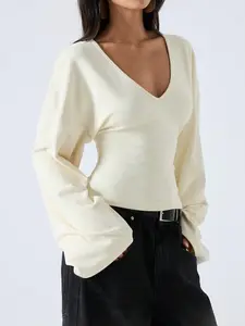Deep V Neck Loose Lantern Sleeve Top Blouse, Waist Cinching Slimming Fit Design, Casual Chic Style, Perfect for Daily Commute & Dates