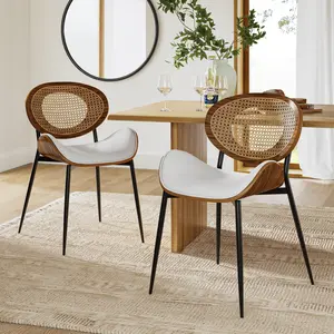 HULALA HOME Flora Modern Dining Chair with Curved Wood Backrest and Faux Leather Cushion, Rattan Woven Accent and Breathable Mesh Back, Ergonomic Wrap-Around Comfort, Upholstered Side Chair for Dining Room, Kitchen, Living Room