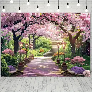 2D Flat, 2D Flat, 2D Flat Banner, 1pc Spring Floral Cherry Blossom Path Backdrop Photography Background for Wedding, Bridal Shower, Anniversary, Party Decoration, No Electricity Needed Yjx