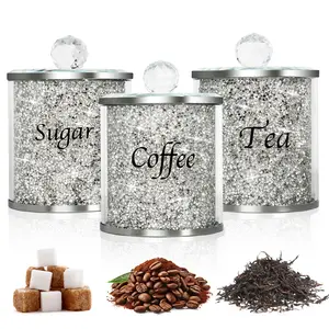 Kitchen Canister Set with Lids,Coffee Sugar Tea Crystal Canister Set of 3,Sparkly Crystal Crushed Diamonds Home Decor,Silver Kitchen Coffee Jar Storage Set with Label & Lid,Storage Container Set for Countertop,Dining Room
