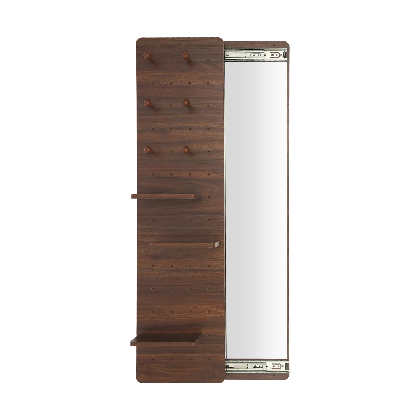 Wall Mounted Pegboard Mirror with Shelves Hooks Walnut Full Length Mirror for Bedroom Living Room Entryway European-style home essentials: Portable storage mirror