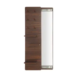 Wall Mounted Pegboard Mirror with Shelves Hooks Walnut Full Length Mirror for Bedroom Living Room Entryway European-style home essentials: Portable storage mirror