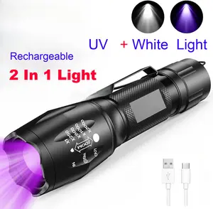 2 in1 Rechargeable 395nm UV Flashlight Ultra Violet / White LED Torch Light Zoom