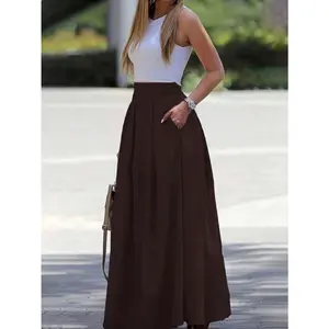 A-Line Solid Color High Waist Skirt Maxi Women Maxi Skirt With Pockets Brown Pleated Maxi Skirt Brown Flowy Maxi Skirt Long Maxi Skirt Brown Maxi Skirt