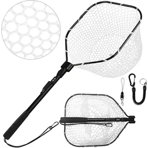 Fly Fishing Net, Folding Bass Trout Fish Landing Net Freshwater with Telescoping Handle and Soft Rubber Netting, Safe Fish Catching or Releasing, Fly Fishing Gear with Accessories