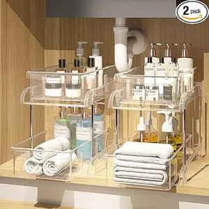 2 Pack Bathroom Cabinet Organizer, 2 Tier Clear Under Sink Organizers and Storage Medicine Cabinet Organizer with Dividers, Pull Out Kitchen Pantry Shelf Cupboard Closet Vanity Organization Bins