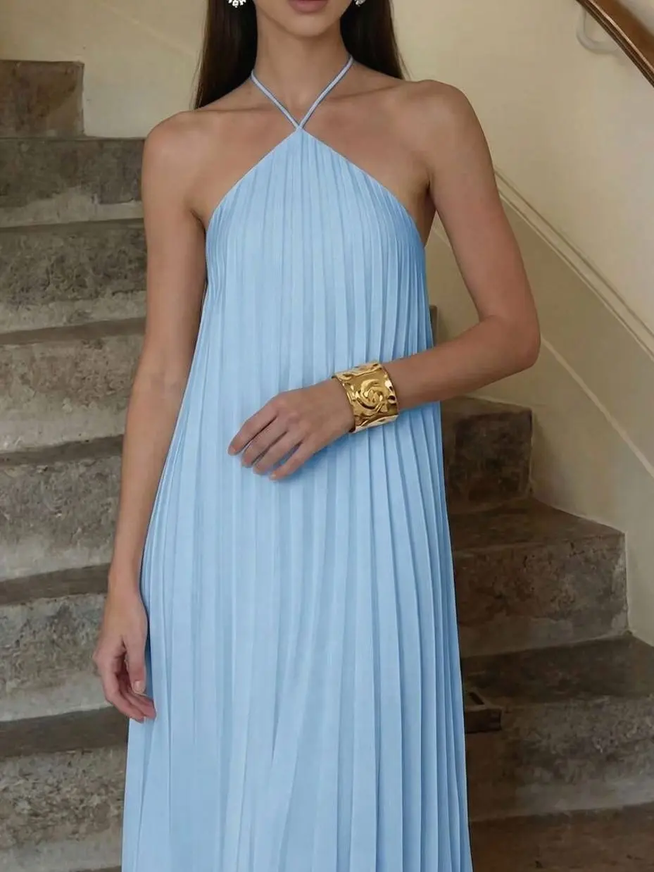 Women's Pleated Halter Neck Maxi Dress, Elegant A-Line Formal Gown for Summer Wedding Guest, Prom, Mother of the Bride and Party Wear
