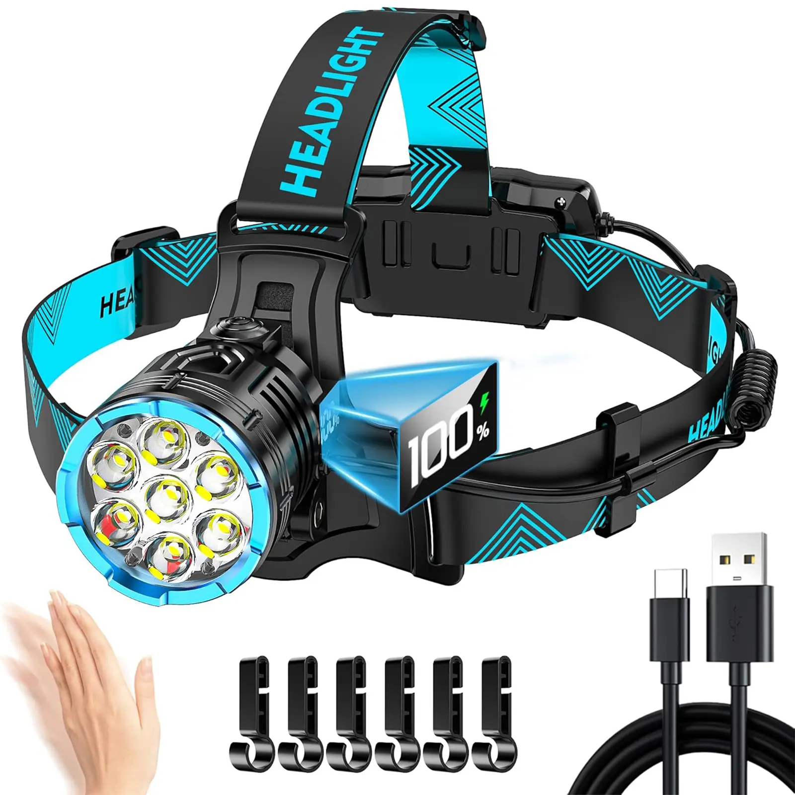 Rechargeable Red Light LED Headlamp - 900000 Lumens, 7 Modes, Motion Sensor, LCD Power Display, 90° Adjustable Angle, Waterproof, 3 cm Headband, 6000 mAh, 3.5-4 Hours Runtime, Aluminium Build, Compatible with Hardhat/Forehead, for Camping Hiking, High Pow