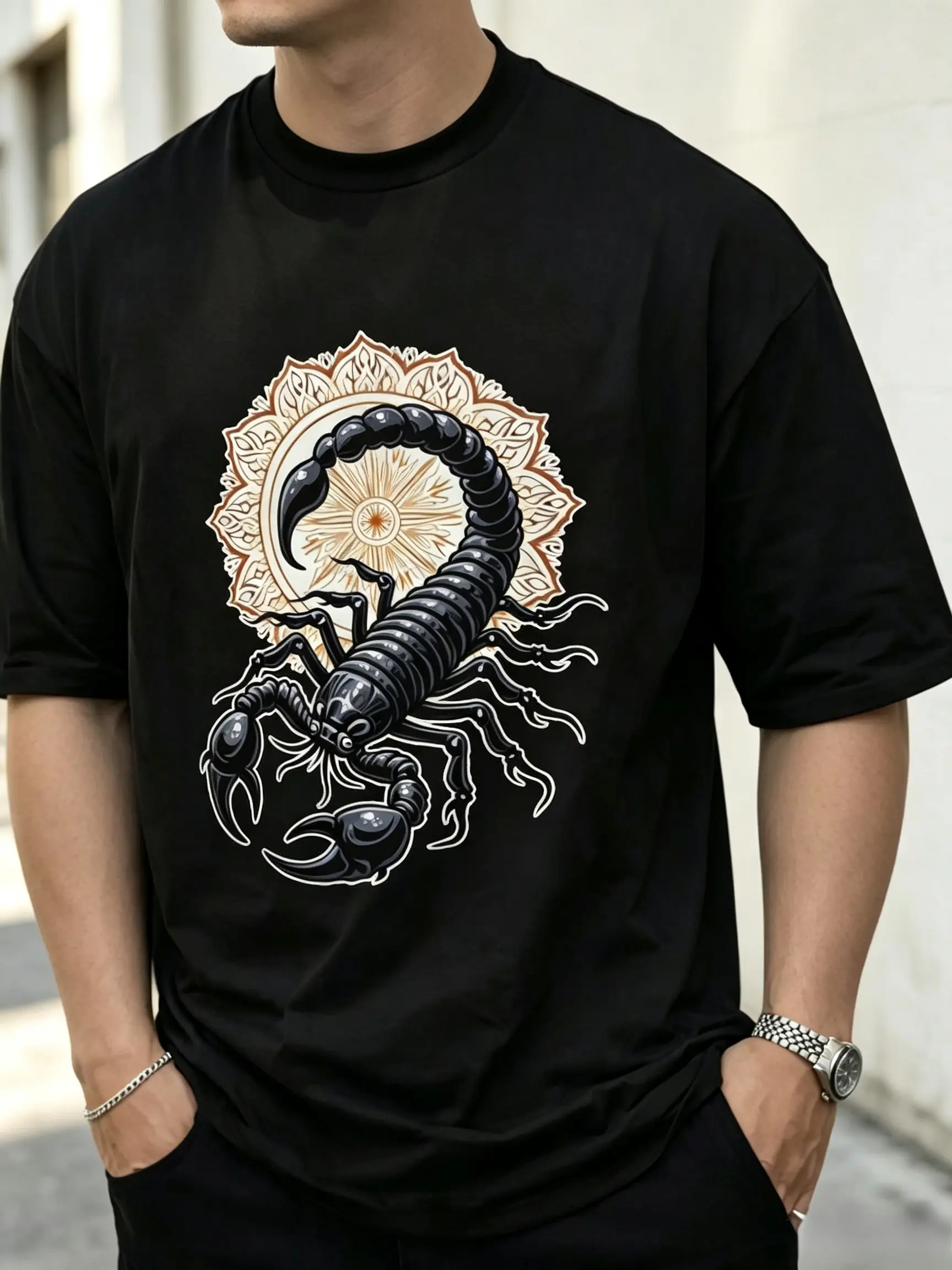Men'S Black Scorpion with Mandala Background T-Shirt, Round Neck Tee Casual Clothing, All-Season Menswear Top