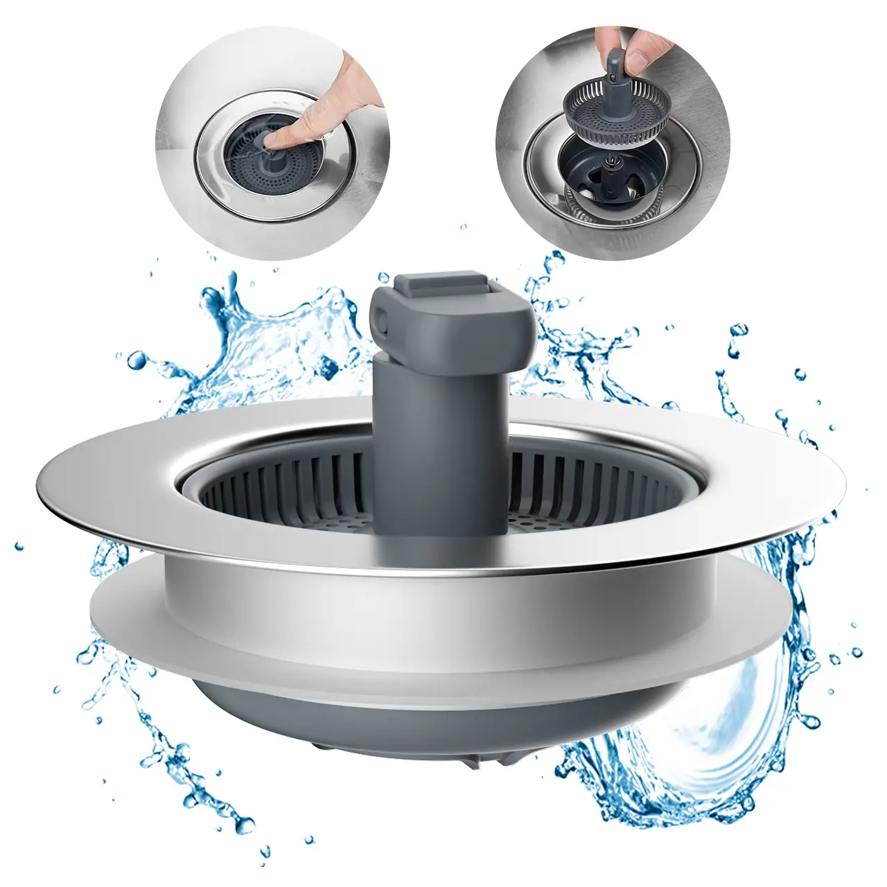 Hibbent 3 in 1 Kitchen Sink Drain Strainer and Stopper Combo, Chrome Stainless Steel Wraped Shell, Anti-Clogging Basket Strainer with Foldable Handle