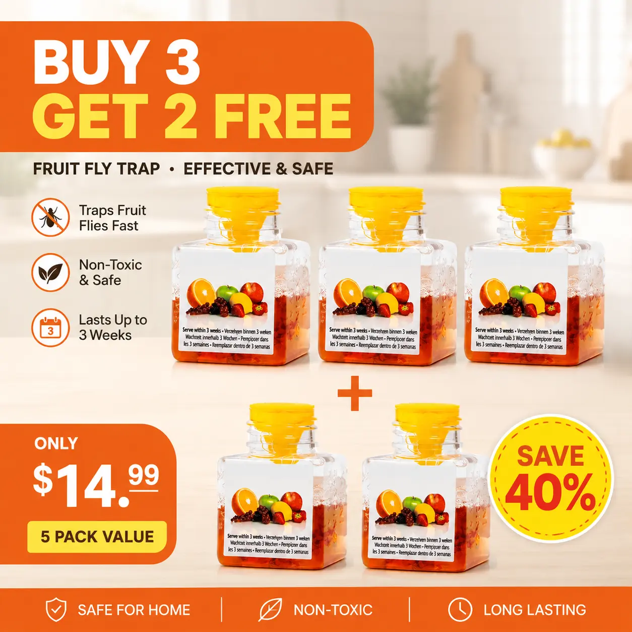 5 Pack Fruit Fly Traps for Indoors, Highly Effective Fruit Fly Catcher for Indoor Use for Home & Kitchen, Up to 3 Weeks of Performance per Bottle, Kid & Pet Friendly