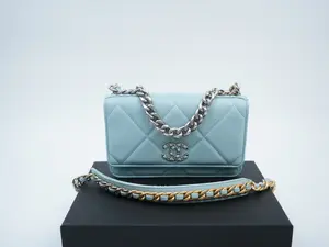 Pre-owned CHANEL lambskin Crossbody Bags Micro Chip Quilted 19 Wallet On Chain WOC Light Blue