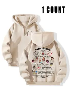 Stranger Things Hellfire Club Half-Zip Hoodie – Oversized Beige Relaxed Fit Pullover Casual Hooded Sweatshirt with Back Character Graphic Print (Turn Around Quote + Hellfire Club Logo + Bicycle/Bats Symbols), Front Headphone Mini Print Half Zip Hooded