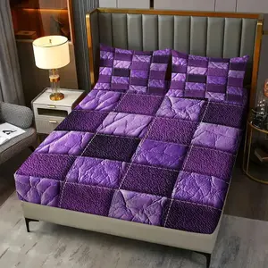 3Pcs Purple Patchwork Woven Fitted Sheet Set, Textured Lavender and Deep Plum Squares, Soft Leather-Like and Suede Textures Pattern, Premium Quality Bedding for a Cozy and Stylish Bedroom Makeover Includes 2 Pillowcases, No Pillow Core