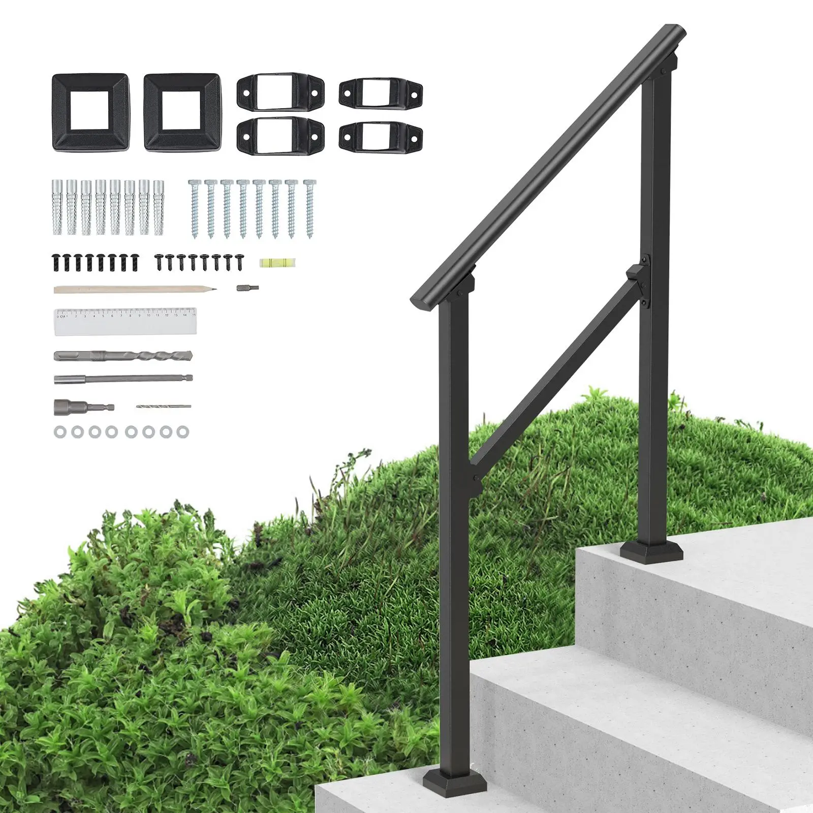 【SummerFinds】VEVOR Handrails for Outdoor Steps,  , 2-3 Step Stair Hand Rail Kit, Transitional Carbon Steel Railings with Installation Kit, Stair Rails for Seniors, Concrete Steps & Porch & Deck, Black Square Tube