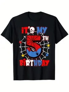 Kids' 3D Spider Web Birthday T-Shirt (2-7Y), Black Unisex, It's My Birthday Print, Light Polyester Blend