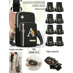 Women's phone bag, mini crossbody bag with floral and letter pattern, large-capacity vertical coin purse, comes with black anti-loss earphone strap, sports armband and running wrist bag, business commuting office bag, anniversary gift