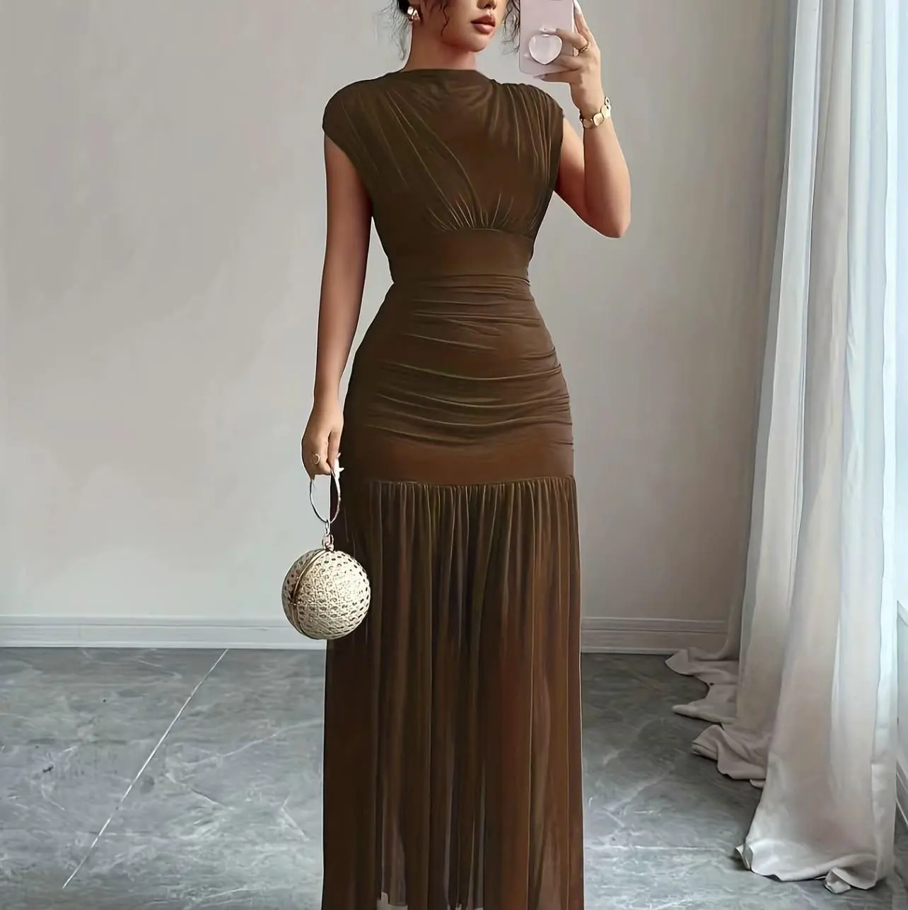 WENRY Women's Elegant Sexy Rushed Waist Minimalist Boat Neck Sleeveless Long Dress, Stylish and Chic Wear for All Events Orange Bottom Brown Elegance Formal Maxi