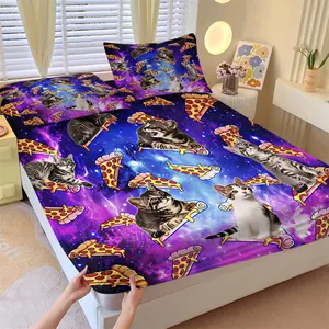 Space Cat Pizza Fun Fitted Sheet Set and 2 Pillowcases No Core, Dreamy Purple Galaxy Starry Sky with Cat, Pizza Elements, Soft Anti-Slip Wrinkle-Resistant, Cat Lovers Room Kids Room Funny Decor, Gift Idea