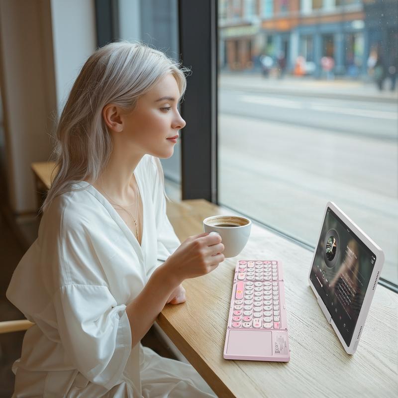 MOFii Pink Smile Keyboard, Bluetooth Connectivity, Rechargeable & Foldable, with Touchpad, Compact & Portable, Compatible with Windows, Android, iOS & Mac OS, US QWERTY Layout