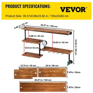VEVOR Pipe Shelving, Industrial Floating Shelves with 4-Tier Solid Wood Planks, Modern Rustic Floating Shelves Wall Mounted, DIY Storage Bracket for Bookshelf, Kitchen, Bathroom, Home Decor, Brown