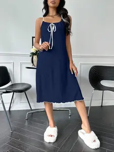 Women's Elegant Casual Sleepwear Dress, Drawstring Neckline Bow Design, Comfortable & Stylish for Home & Leisure Wear