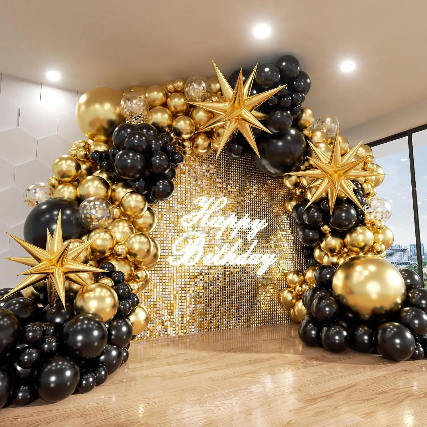 AsBalloon 121Pcs Black and Gold Balloon Arch Kit, 22 Inch Star Balloons, 18 Inch, 12 Inch & 5 Inch Metallic Black Gold Balloons, Confetti Balloons for Birthday, Graduation, Anniversary & New Year Decorations