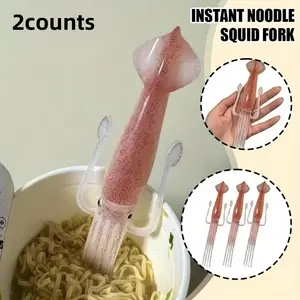 2pcs Heat Resistant Silicone Squid Shaped Noodle Forks, 3-In-1 Multifunctional Ramen Spaghetti Salad Kitchen Tool, Fun Adult Gift