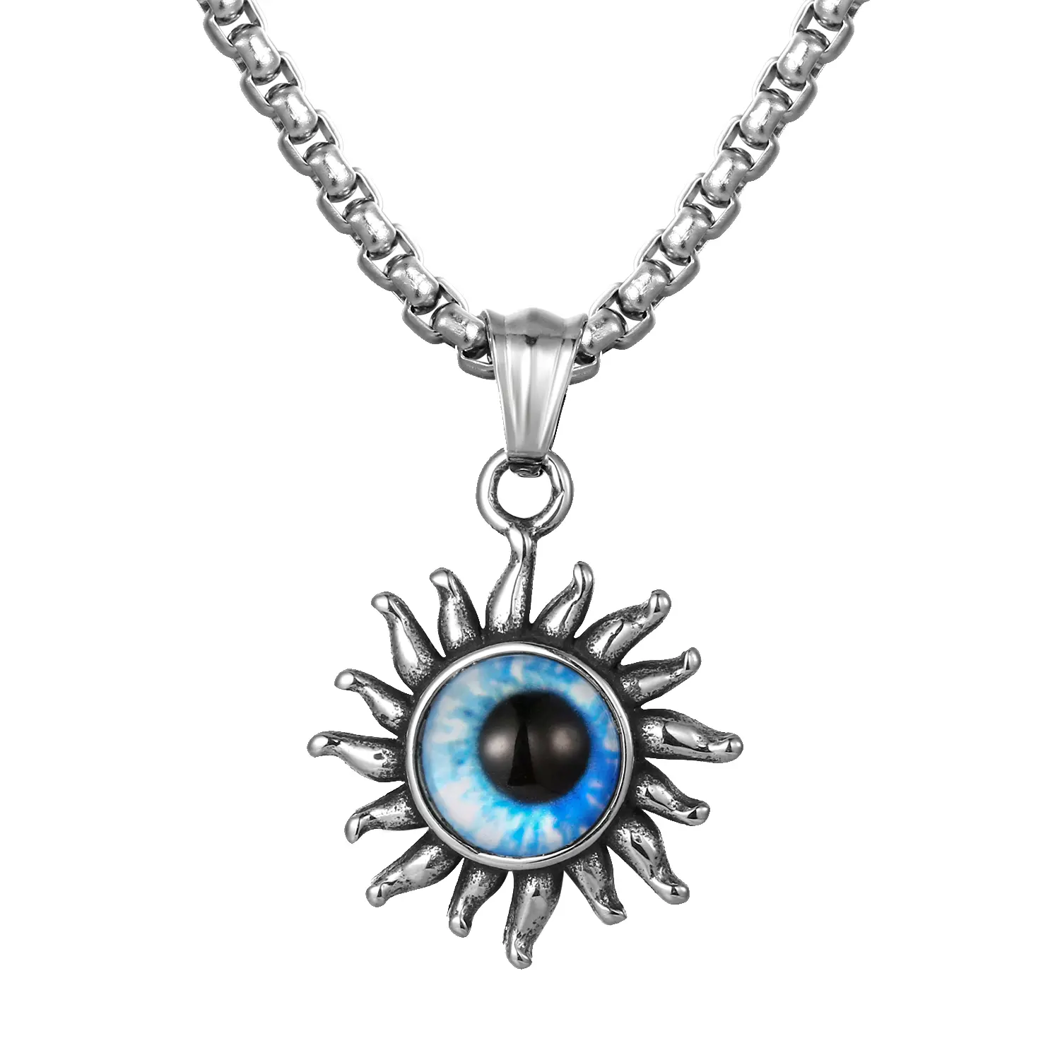 OIDEA Men's Stainless Steel Evil Eye Sun Pendant Necklace - 22 Inch Chain with Resin Accent, Gothic Necklaces for Men, Chrome Style, Emo Gothic, Heavy Metal Retro Trendy Costume Jewelry, Chrome Style Necklaces