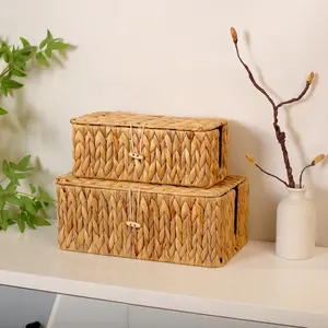 Woven Storage Basket with Lid, Wicker Storage Basket, 1/2 Counts Handmade Desktop Storage Box, Home Organizer for Cosmetics, Bathroom, Wardrobe, Snack Shelf, Toy