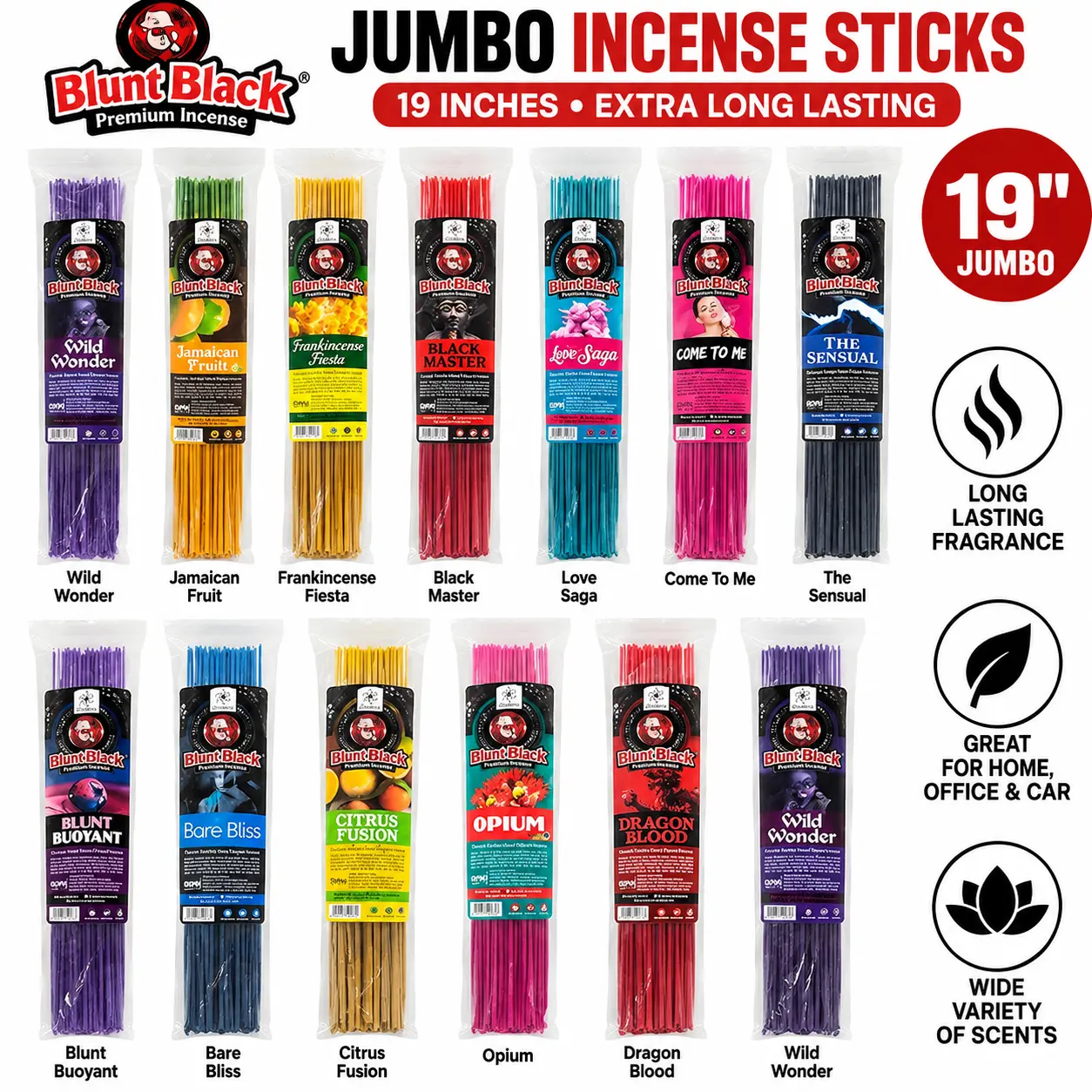 Blunt Black 19" Jumbo Hand-Dipped Incense Sticks – 30-Stick Packs – Assorted Perfume Scents – Long-Lasting Fragrance for Relaxation, Meditation & Aromatherapy with free incense holder