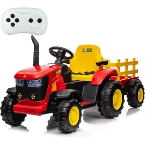 12V Kids Ride-On Tractor with Remote, Electric Tractor w/ Dual Motors, Detachable Trailer, Music & LED Lights