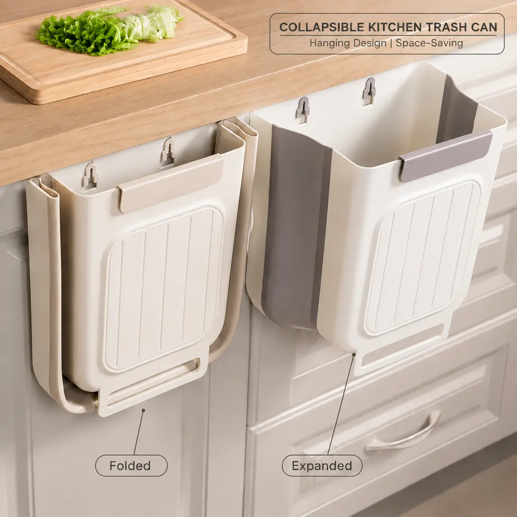 Foldable Kitchen Trash Can, Hanging Trash Bin for Cabinet Doors, Space-Saving Collapsible Garbage Can for Kitchen