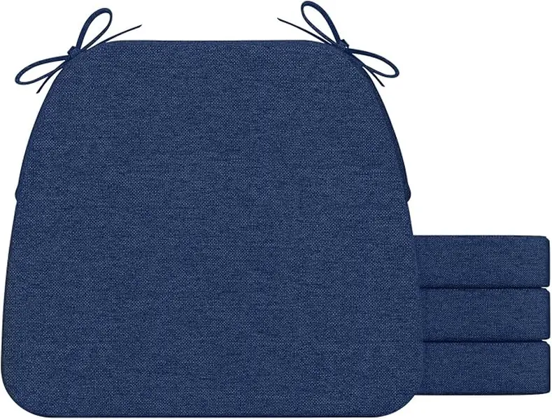 D-Shaped Dining Chair Cushions (Set of 4, Blue) - 2" Thick Sponge-Filled, 17"x16" Outdoor Pads with Anti-Slip Bottom Particles, Ties, Removable Machine-Washable Cover, Breathable, Alleviates Buttock Pressure, Maintains Its Shape