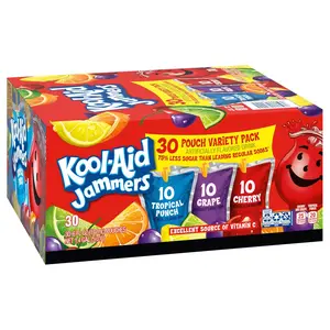 Kool-Aid Jammers Fruity Sugar-Sweetened Vitamin Beverage, 30 x 6 fl oz Pouches, Artificially Flavored Tropical Punch, Grape & Cherry, for School Lunches & On-the-Go Hydration