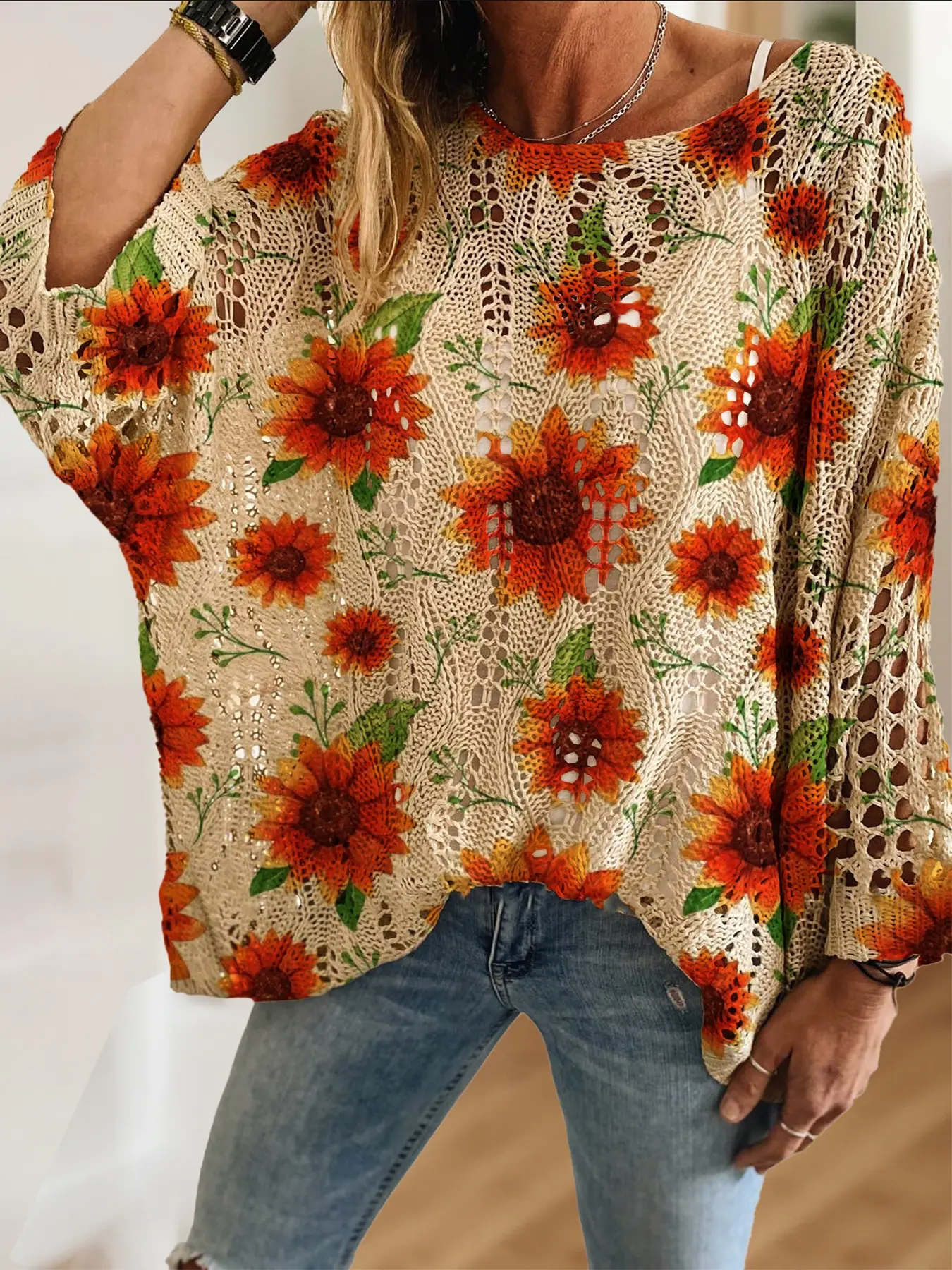 Women's Elegant Sunflower Leaf Print Knit Hollow Out Top, Casual Elegance Vacation Style Sweater, Comfortable Breathable Loose Fit