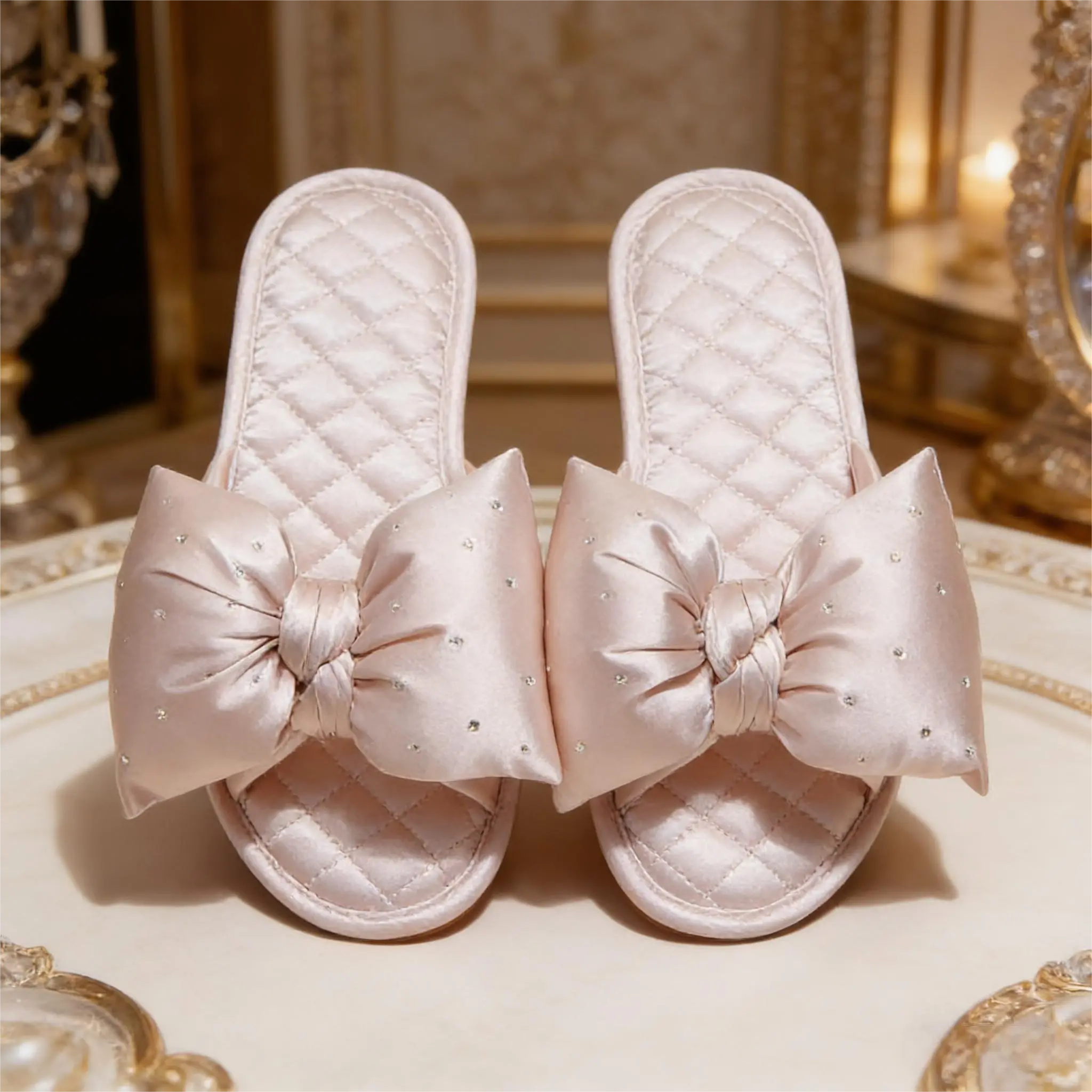 Women's Quilted Slides with Satin Bow, Elegant Open Toe Casual Slippers for Home, Comfortable Indoor Footwear