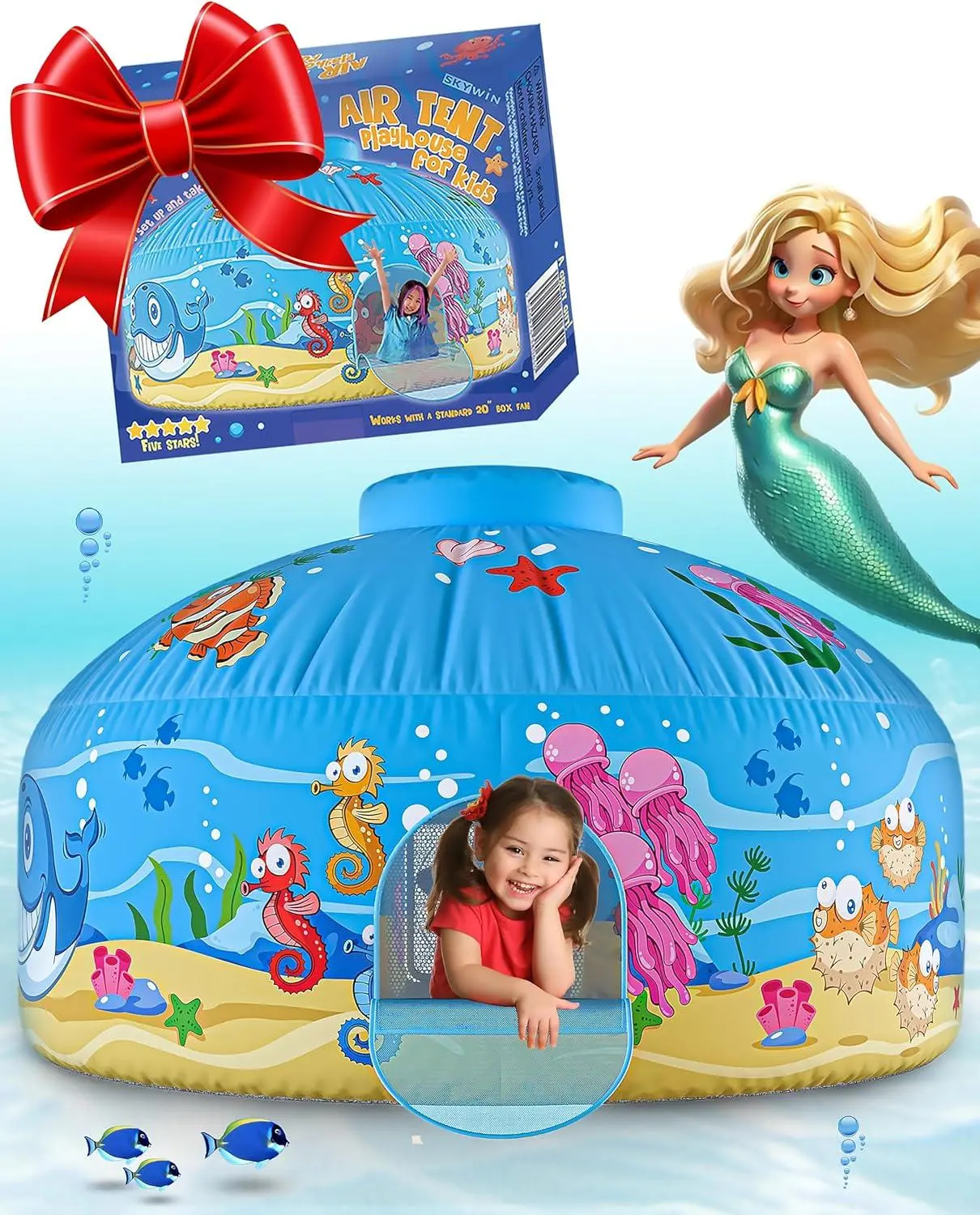 SKYWIN Air Tent Fort Large Ocean with Door Playhouse for Kids - Inflatable Kids Fort Sets Up and Stores Away in Seconds (WITHOUT FAN) play tent