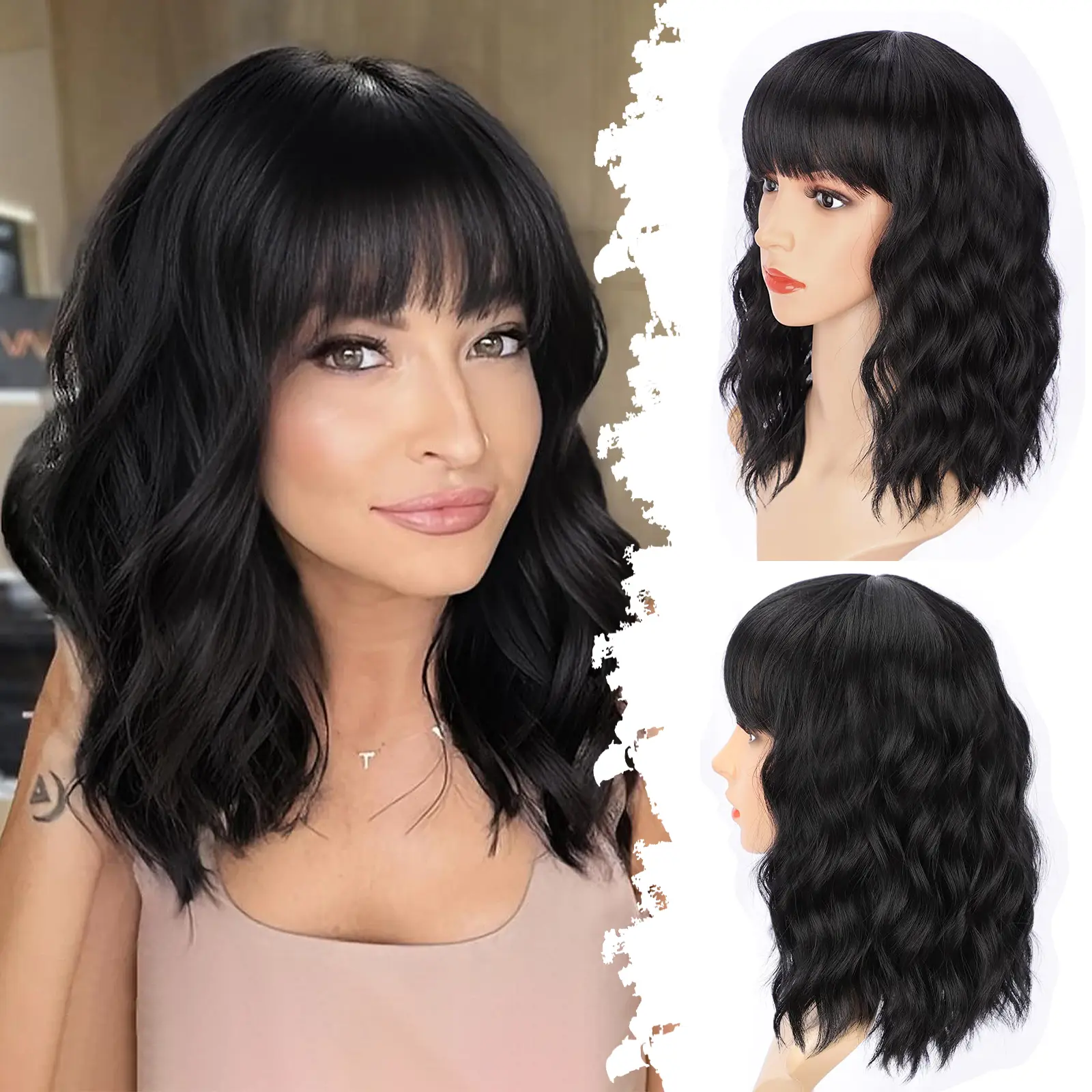 Nnzes Women's Black Bob Curly Wig with Bangs, Soft Breathable Distinctive Synthetic Heat Resistant Fiber Hair, Adjustable Straps for Everyday Style Changes Outdoor Use (Synthetic Full Machine Wig), Charming, Adjustment Straps