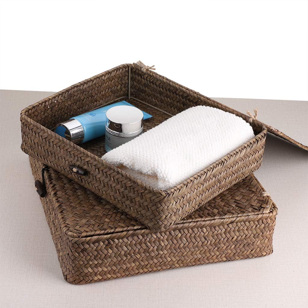 Set of 2 Flat Woven Wicker Storage Bins with Lid Natural Seagrass Basket Multipurpose Home Boxes for Shelf Organizer (Coffee)
