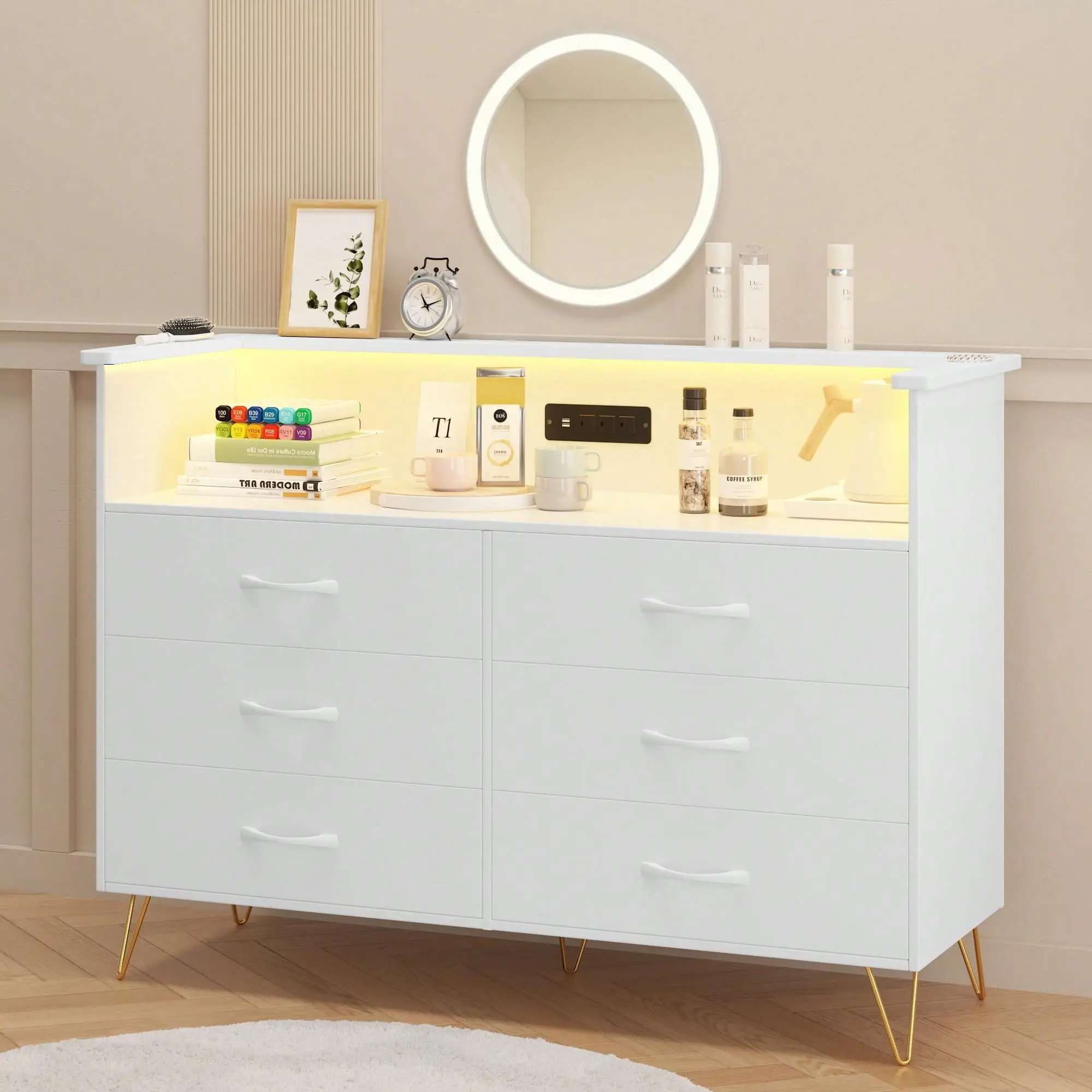 GARVEE Double Wide Bedroom Dresser with LED Light, Charging Station, 6 Wooden Drawers, 2-Tier Open Shelves & Legged Base - Modern Chest for Living Room, Entryway