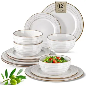 Ceramic Dinnerware Sets,12 pcs Embossed Elegant Stoneware Plates and Bowls Sets, Housewarming Wedding  | Dishwasher & Microwave Safe | Dishes Set Service for 4