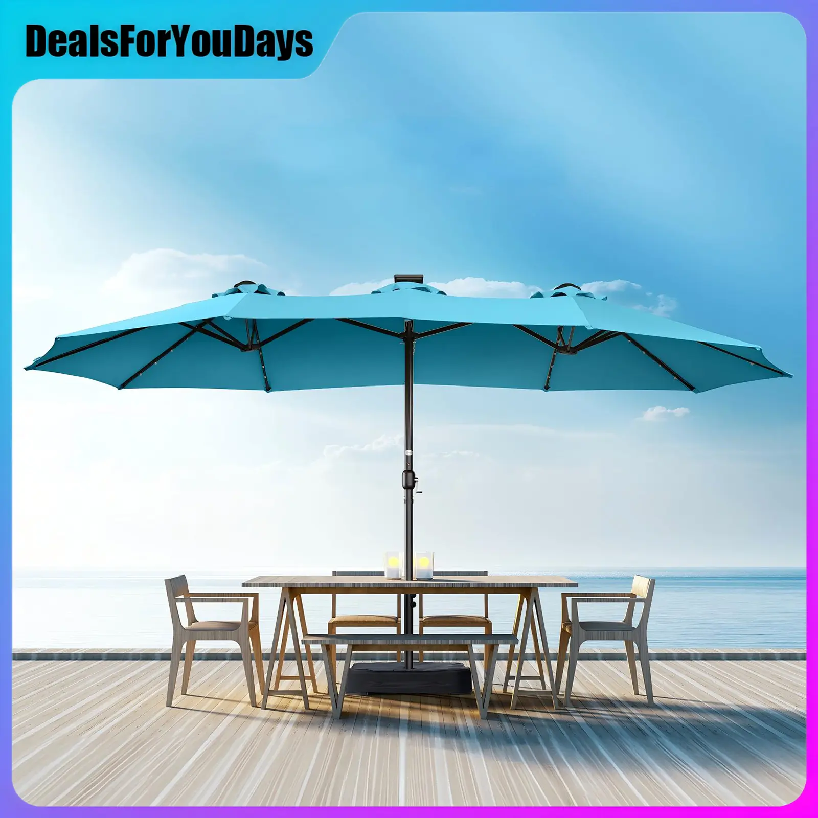 【Oversized】Double-Sided Patio Umbrella (13ft/15ft) - 48 Solar LED Lights, 12-Rib Corrosion-Resistant Alloy Steel Frame, 10H Run Time, 99.9% UV Protection, Adjustable, Included Base, 138lbs, Assembly Required, for Backyard, Poolside, Casual Use