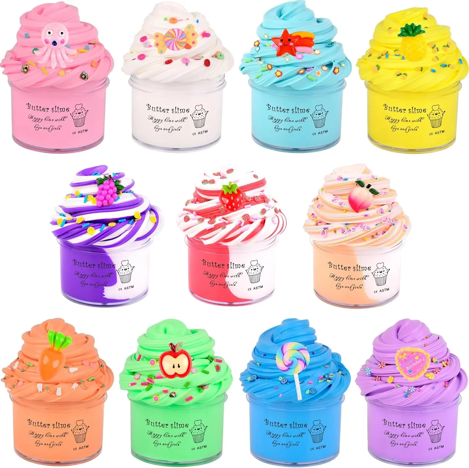 11 Pack Scented Butter Slime Kit for Kids, Soft Non-Sticky DIY Slime with Peach, Strawberry & Grape Charms, Birthday Gift & Party Favor